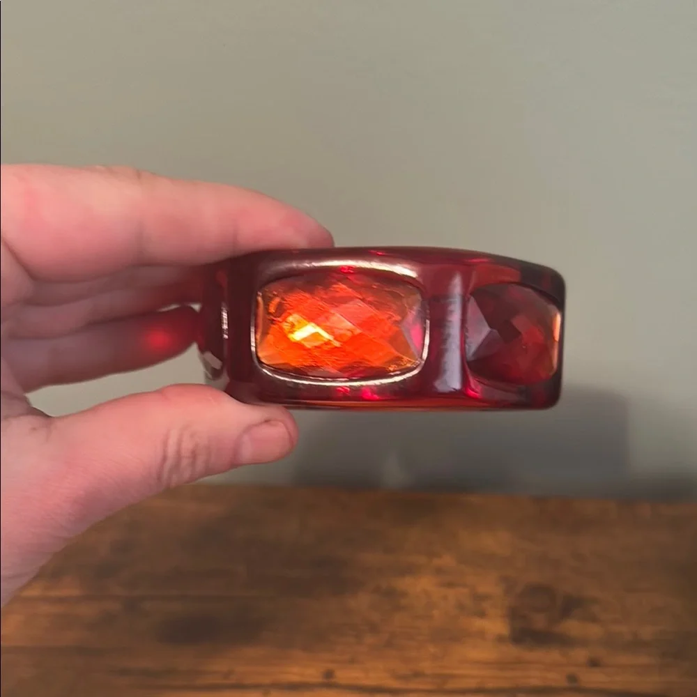 Vintage Plastic Bangle Bracelet with Large Gemstones, Red, Faceted, Retro, Boho